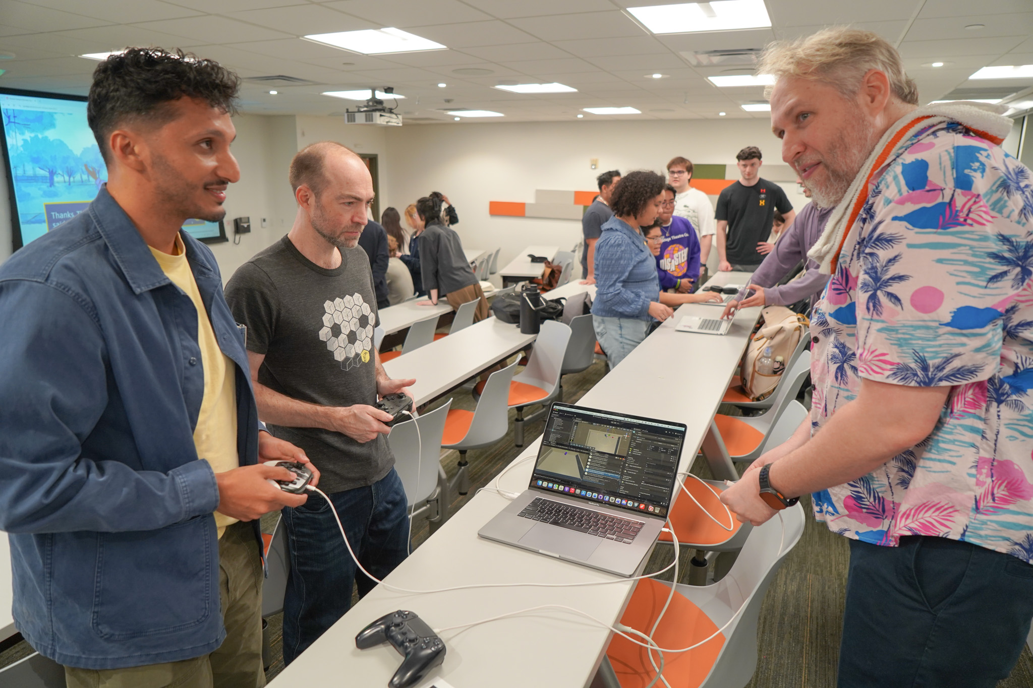 Crowded playtesting area at the NERDLab Arcade